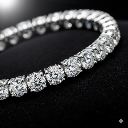 Primo piano di un elegante bracciale tennis in platino di Atelier Diamanti, con una fila continua di diamanti taglio brillante che riflettono la luce su uno sfondo scuro.