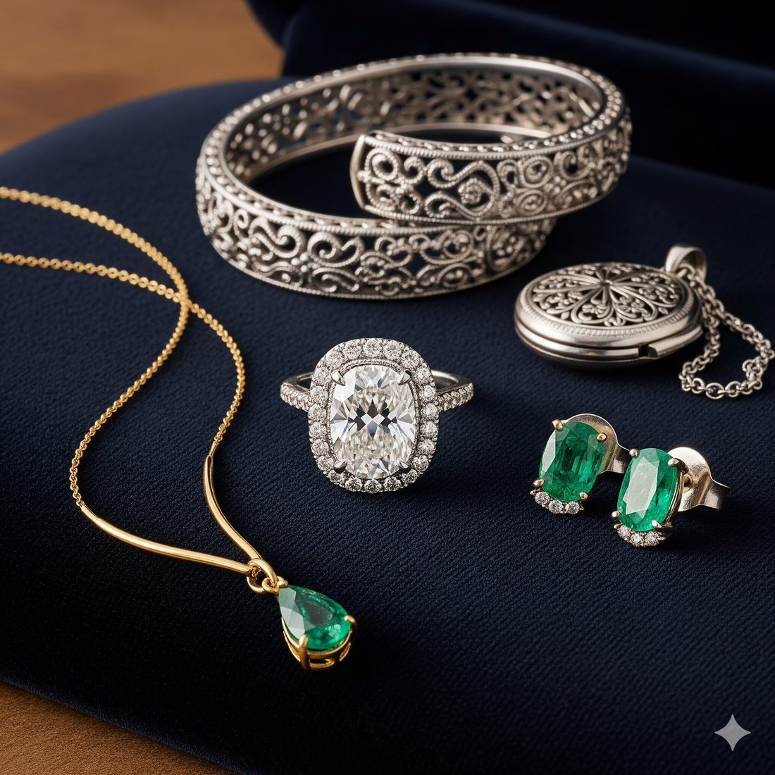 Lussuosa composizione di gioielli Atelier Diamanti e Gioielli con anello di fidanzamento ovale con diamante, collana d'oro con smeraldo, orecchini smeraldo e bracciale d'argento. Scopri i nostri gioielli in oro e diamanti.