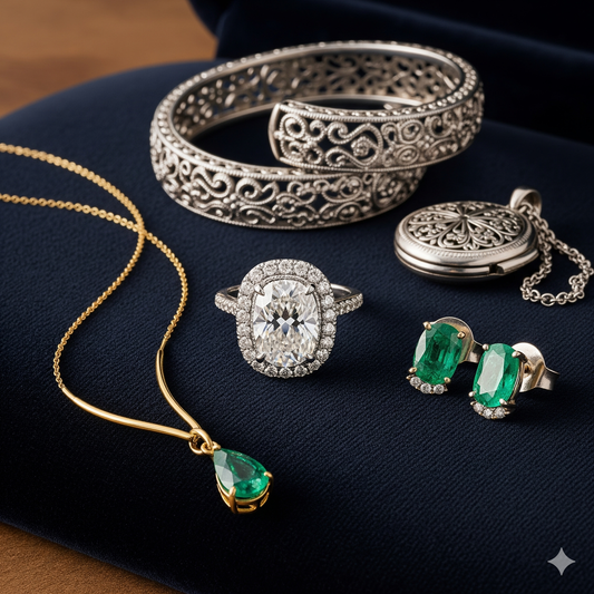 Lussuosa composizione di gioielli Atelier Diamanti e Gioielli con anello di fidanzamento ovale con diamante, collana d'oro con smeraldo, orecchini smeraldo e bracciale d'argento. Scopri i nostri gioielli in oro e diamanti.