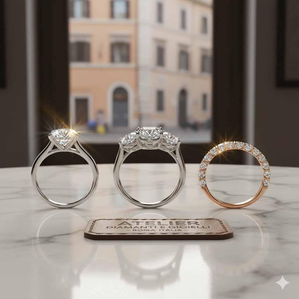 Composizione di anelli di fidanzamento: solitario con diamante rotondo, anello trilogy e veretta eternity. Guida alla scelta per l'acquisto del gioiello.