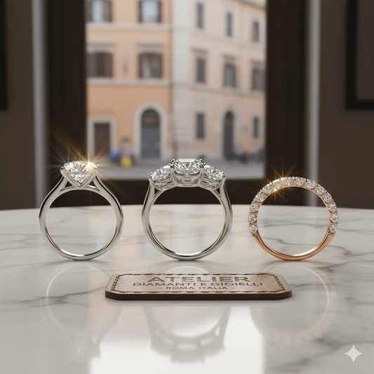 Composizione di anelli di fidanzamento: solitario con diamante rotondo, anello trilogy e veretta eternity. Guida alla scelta per l'acquisto del gioiello.