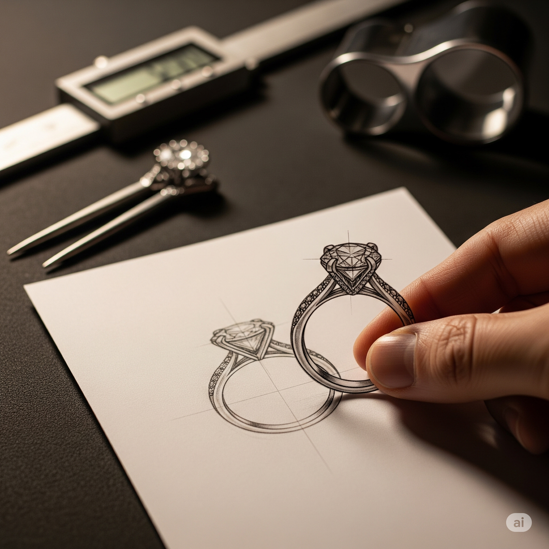 Primo piano di una mano che tiene un disegno dettagliato di un anello di fidanzamento personalizzato, con strumenti da gioielliere sfocati sullo sfondo, che rappresenta il processo creativo di Atelier Diamanti e Gioielli a Roma.