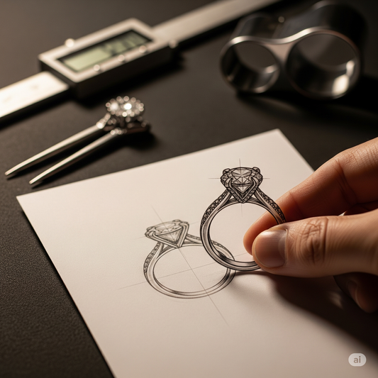 Primo piano di una mano che tiene un disegno dettagliato di un anello di fidanzamento personalizzato, con strumenti da gioielliere sfocati sullo sfondo, che rappresenta il processo creativo di Atelier Diamanti e Gioielli a Roma.
