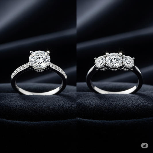 Anelli di fidanzamento: confronto tra un anello solitario classico e un anello trilogy con tre diamanti, da Atelier Diamanti e Gioielli a Roma.