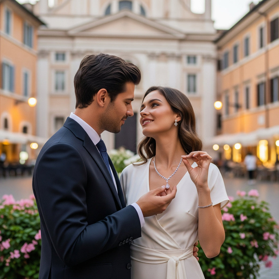 Elegante coppia a Roma che celebra il proprio anniversario, con focus su una splendida collana o anello di diamanti come regalo. Sfondo romantico tipico di Roma.