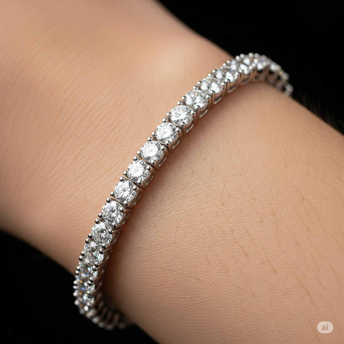 Primo piano di un bracciale tennis con diamanti scintillante elegantemente avvolto intorno a un polso, che mostra la sua linea continua di diamanti e il suo appeal lussuoso.