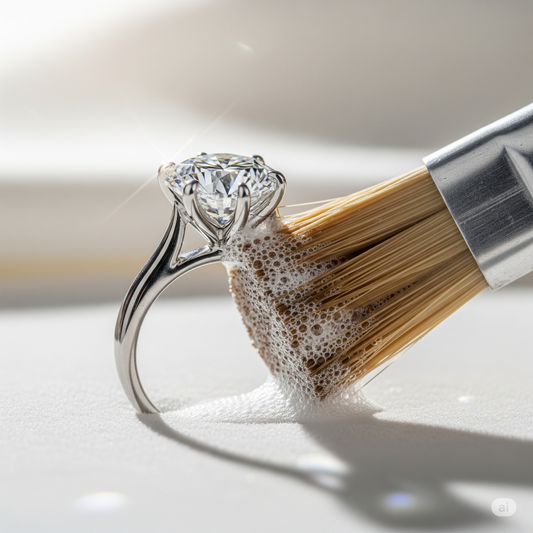 Primo piano di un anello di diamanti che viene delicatamente pulito con una spazzola morbida e una soluzione detergente, mostrando la sua brillantezza in un ambiente elegante.