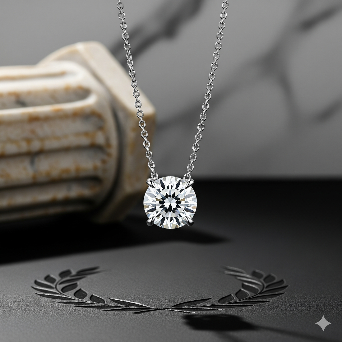 Una collana punto luce elegante e minimalista con un diamante solitario brillante, che simboleggia l'eccellenza di Atelier Diamanti a Roma.