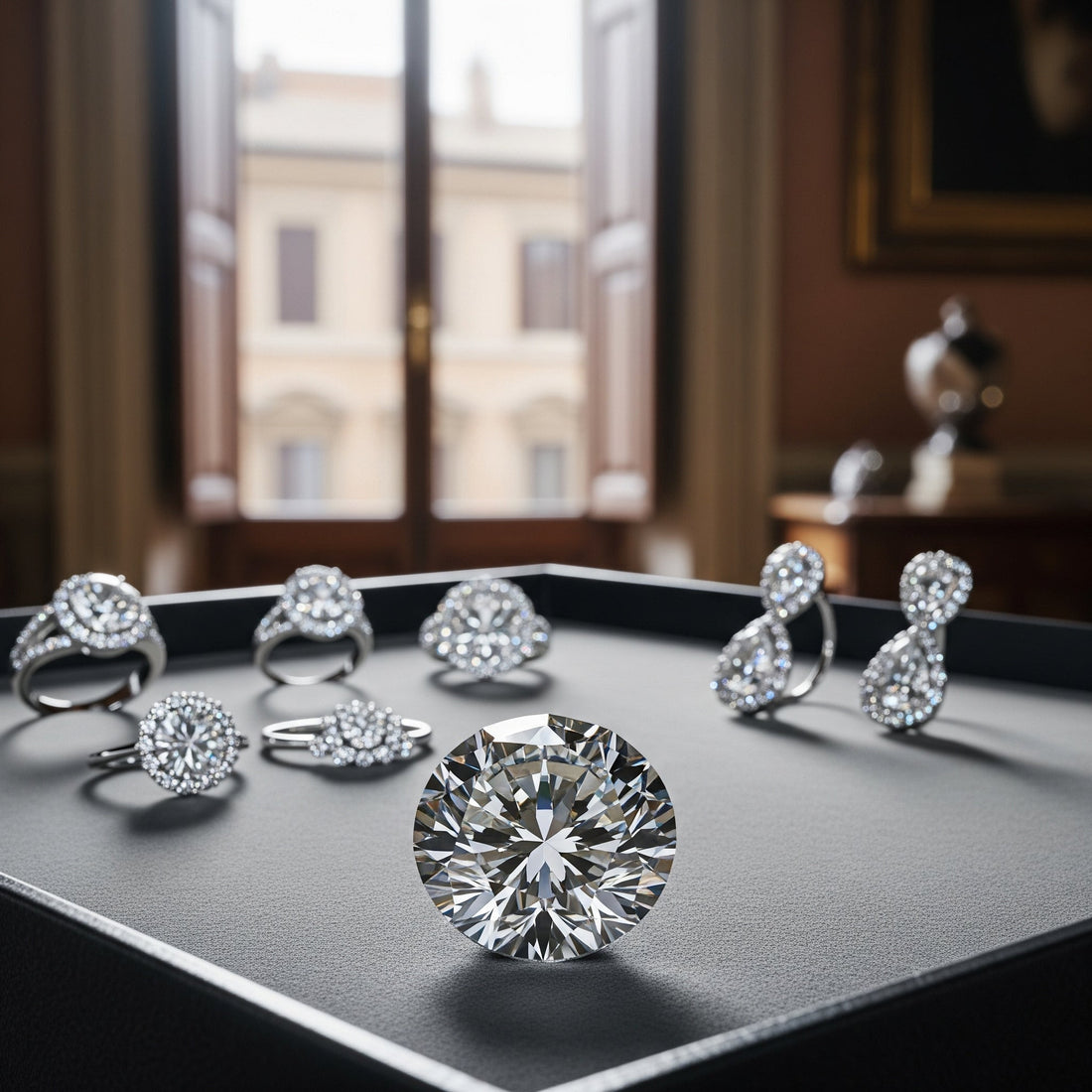 Primo piano di un diamante perfetto con taglio brillante, che mostra la sua luce e brillantezza. Eleganti montature per gioielli in oro e platino sullo sfondo, in un lussuoso atelier a Roma.
