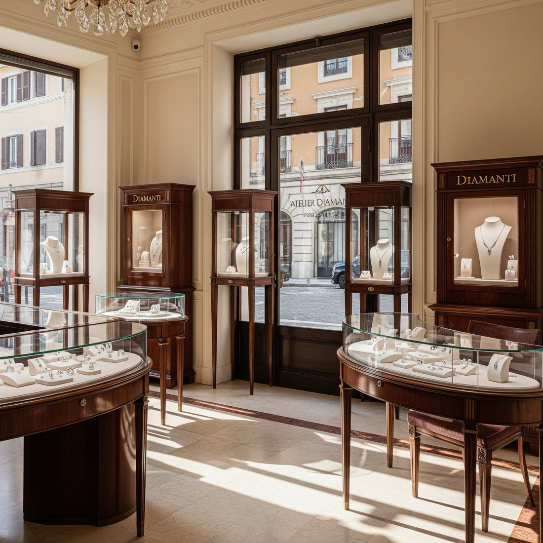 Lussuoso atelier di gioielli a Roma, che espone diamanti certificati (IGI, GIA, HRD) e gioielli eleganti. Focus sulla fiducia e la qualità di Atelier Diamanti