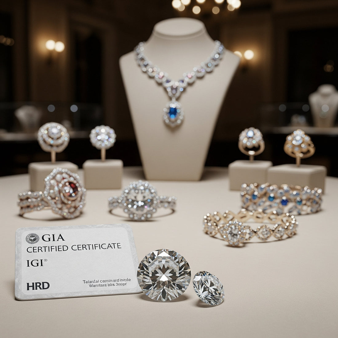 Primo piano di un diamante certificato, che mostra il suo taglio e la sua brillantezza, con eleganti montature di gioielli sullo sfondo, in un lussuoso atelier a Roma. Certificazioni GIA, IGI e HRD.