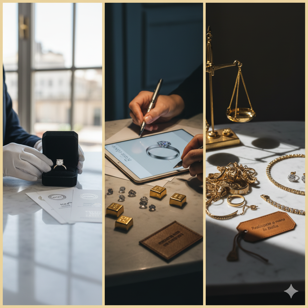 Composizione di diamanti certificati (GIA/IGI) e gioielli con brillanti in un atelier di Roma. Simbolo di qualità e servizio di gioielli su misura.