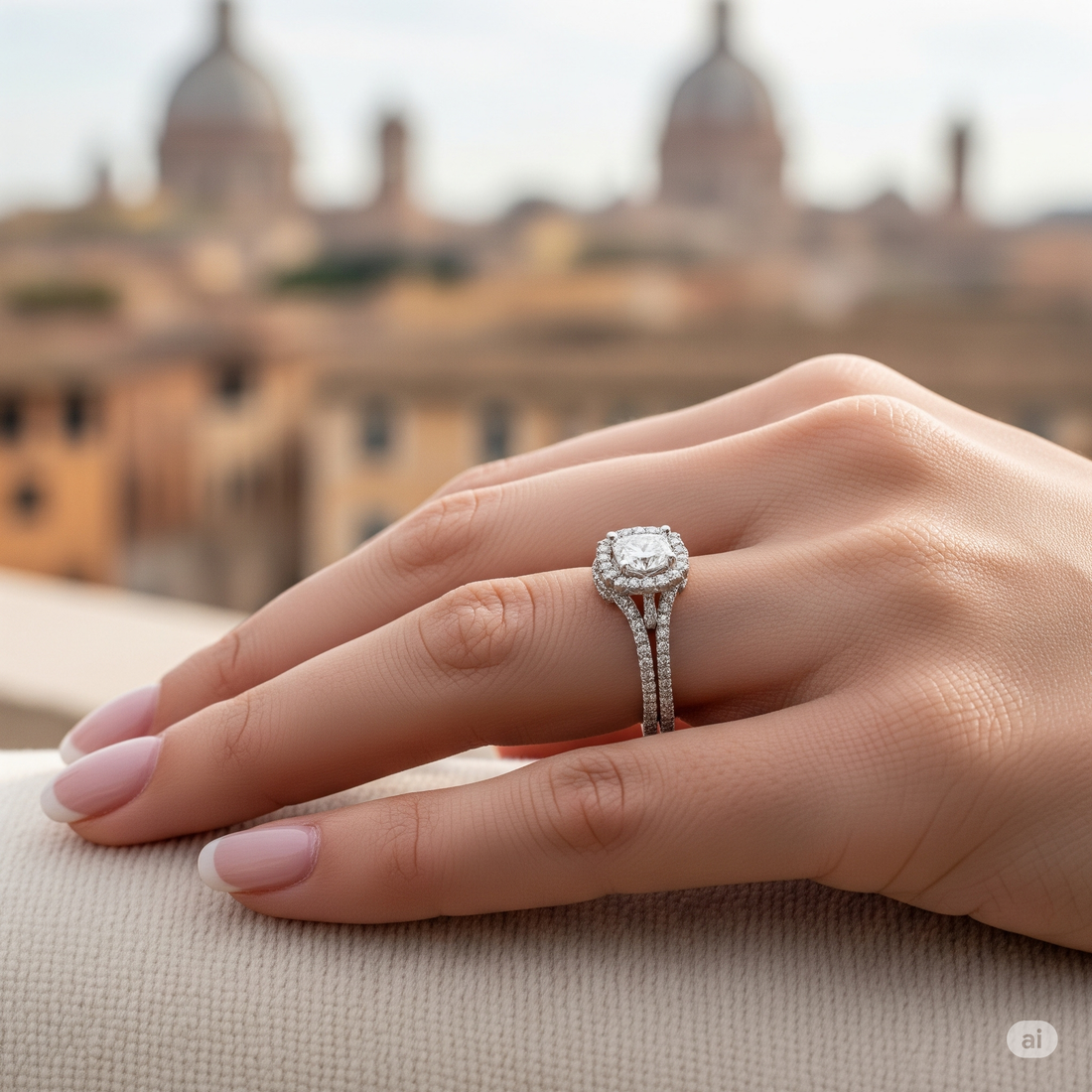 Primo piano di un lussuoso anello di diamanti di provenienza etica su una mano in un ambiente sofisticato a Roma, con focus sull'anello e sulla mano