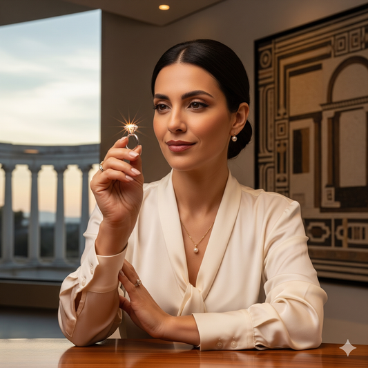 Una donna esperta che valuta un diamante, simbolo di professionalità e fiducia nell'atelier di diamanti di Roma.