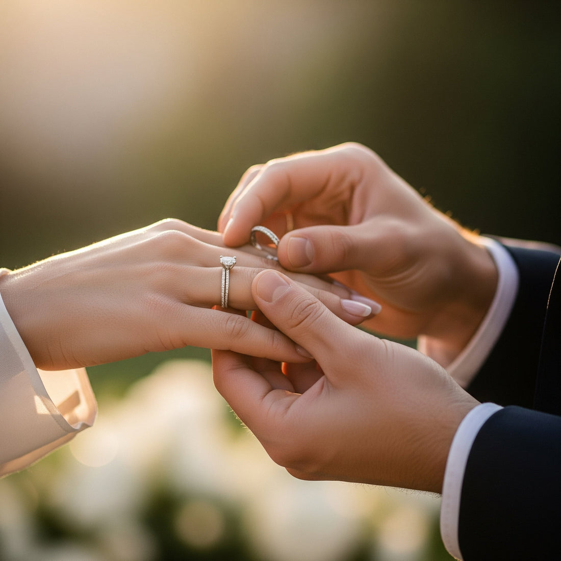 Una coppia che si scambia un elegante anello di fidanzamento con diamante di Atelier Diamanti a Roma