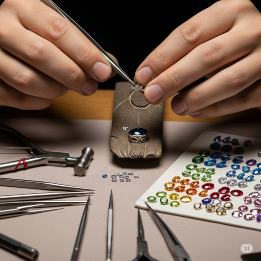 Primo piano delle mani di un gioielliere che crea meticolosamente un gioiello personalizzato, con strumenti e pietre preziose visibili, a simboleggiare l'arte di disegnare emozioni.