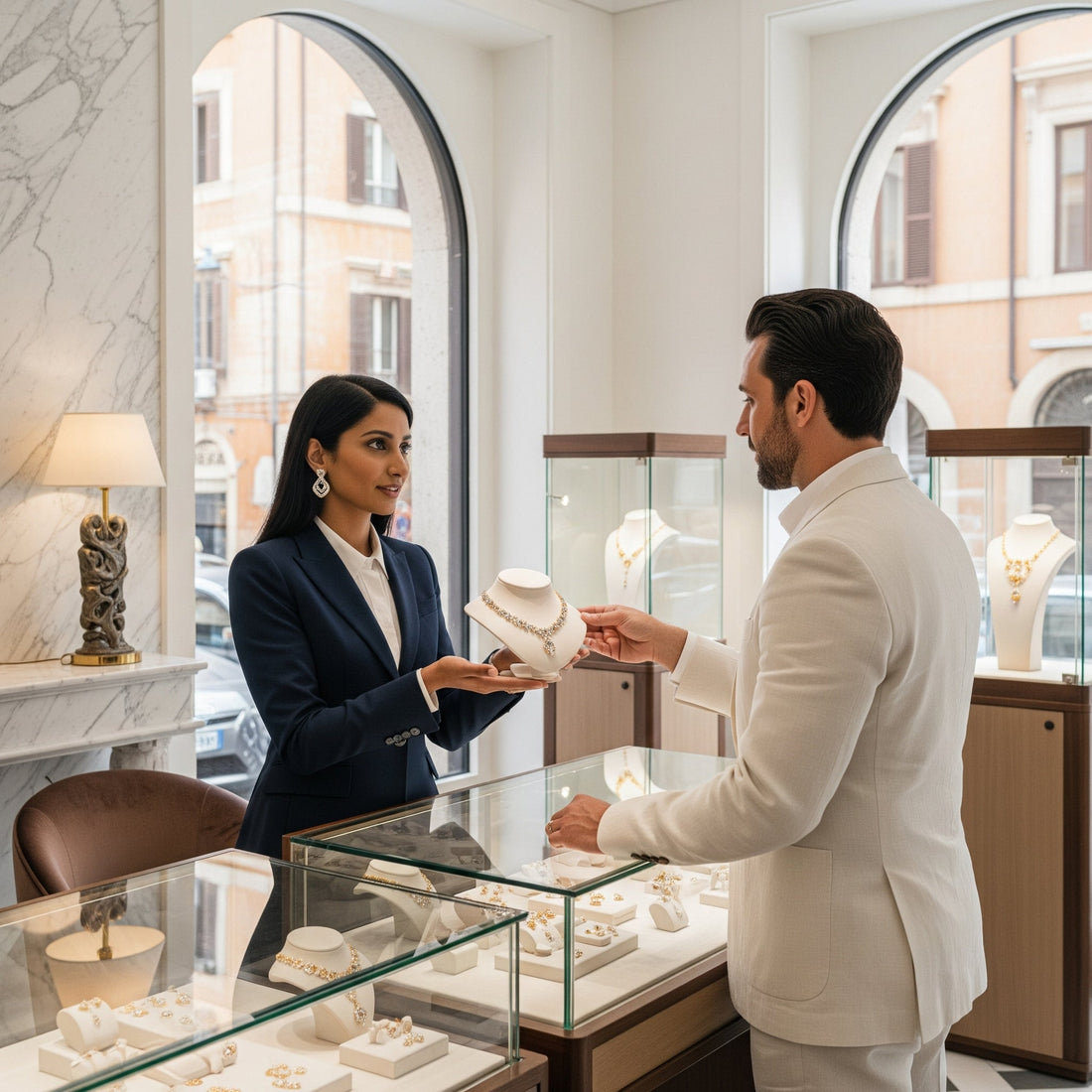 Elegante bracciale tennis in oro bianco con una fila continua di diamanti brillanti, posizionato su una superficie scura riflettente. Gioiello di lusso e raffinatezza di Atelier Diamanti, perfetto per ogni donna e occasione.