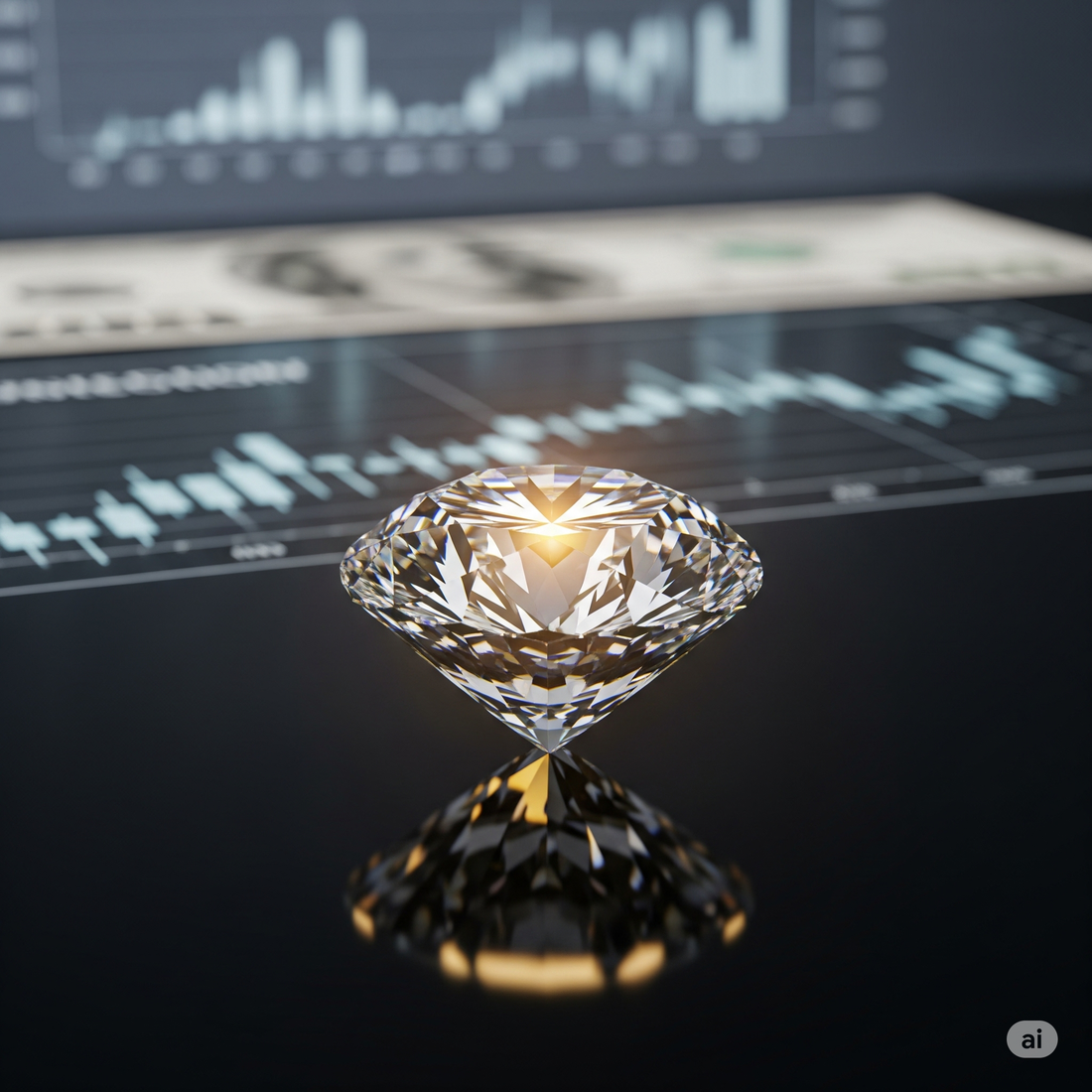 Un diamante brillante su una superficie lussuosa, con grafici finanziari sfocati sullo sfondo, a simboleggiare il suo valore come investimento e bene rifugio