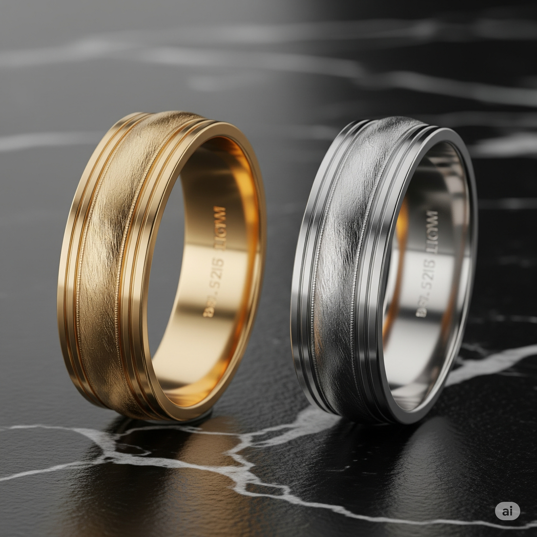 Primo piano di due eleganti anelli, uno in oro e uno in platino, affiancati, che mostrano i loro diversi colori e texture in un ambiente lussuoso.