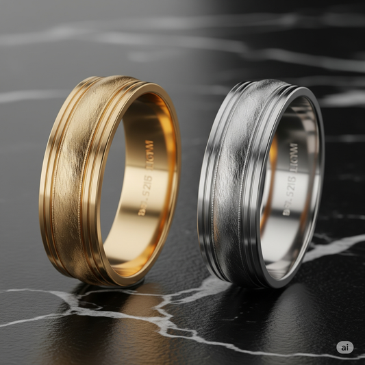 Primo piano di due eleganti anelli, uno in oro e uno in platino, affiancati, che mostrano i loro diversi colori e texture in un ambiente lussuoso.