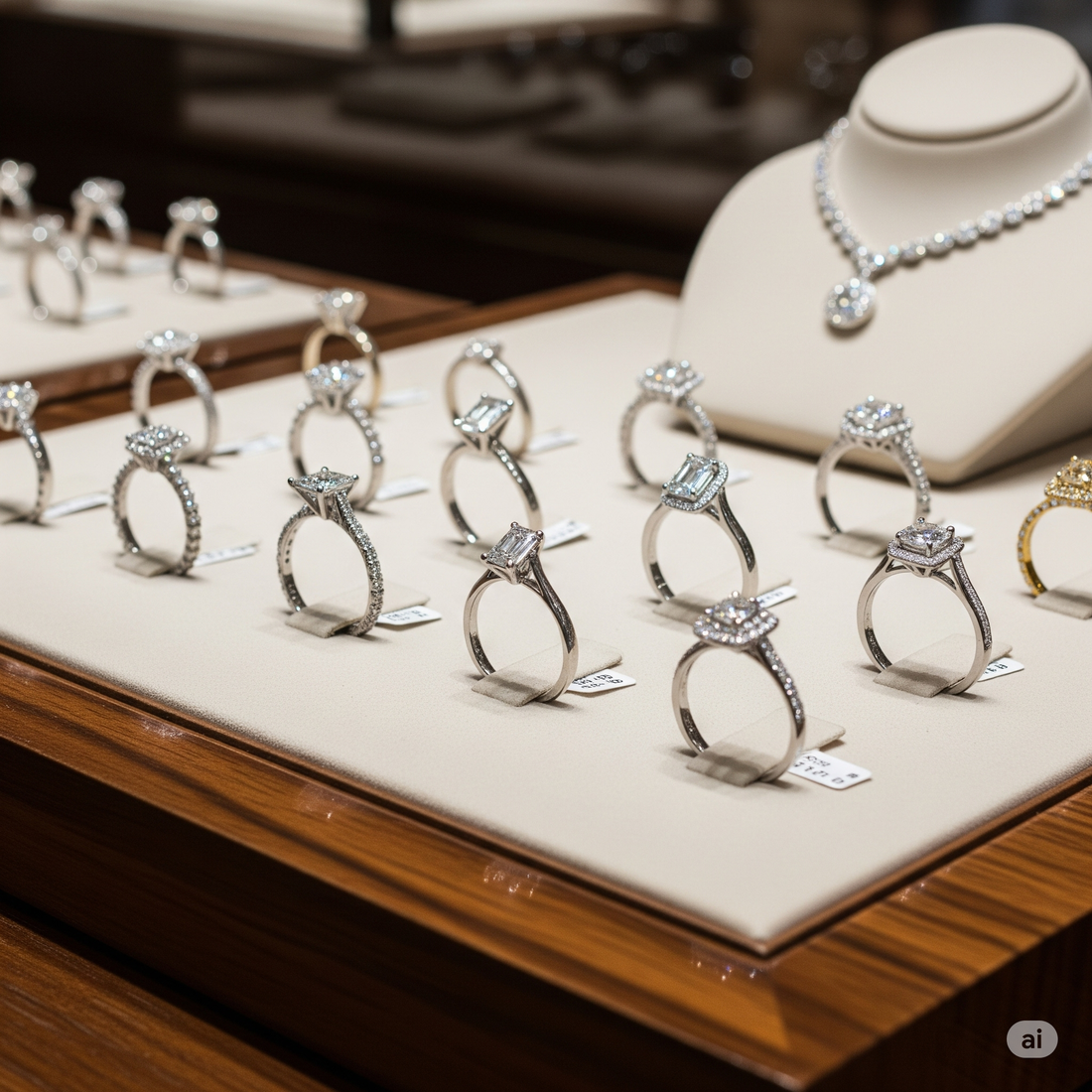 Esposizione lussuosa di vari anelli di fidanzamento con diversi tagli e montature di diamanti in una gioielleria di lusso a Roma, che enfatizza la qualità e il valore.
