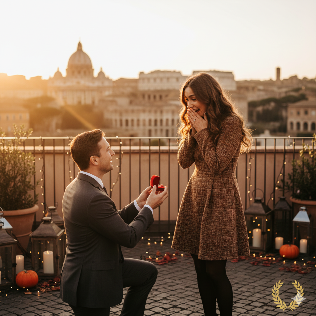Un uomo che fa una proposta di matrimonio a una donna sorpresa su una terrazza panoramica a Roma al tramonto, con Colosseo e cupola di San Pietro sullo sfondo, decorata con luci e dettagli autunnali. Ideale per una proposta di matrimonio romantica.