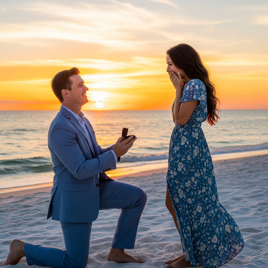 Uomo in ginocchio sulla spiaggia al tramonto che fa la proposta di matrimonio a una donna, mostrando un anello di fidanzamento con diamante. Scena romantica e indimenticabile, gioielli per proposte perfette da Atelier Diamanti