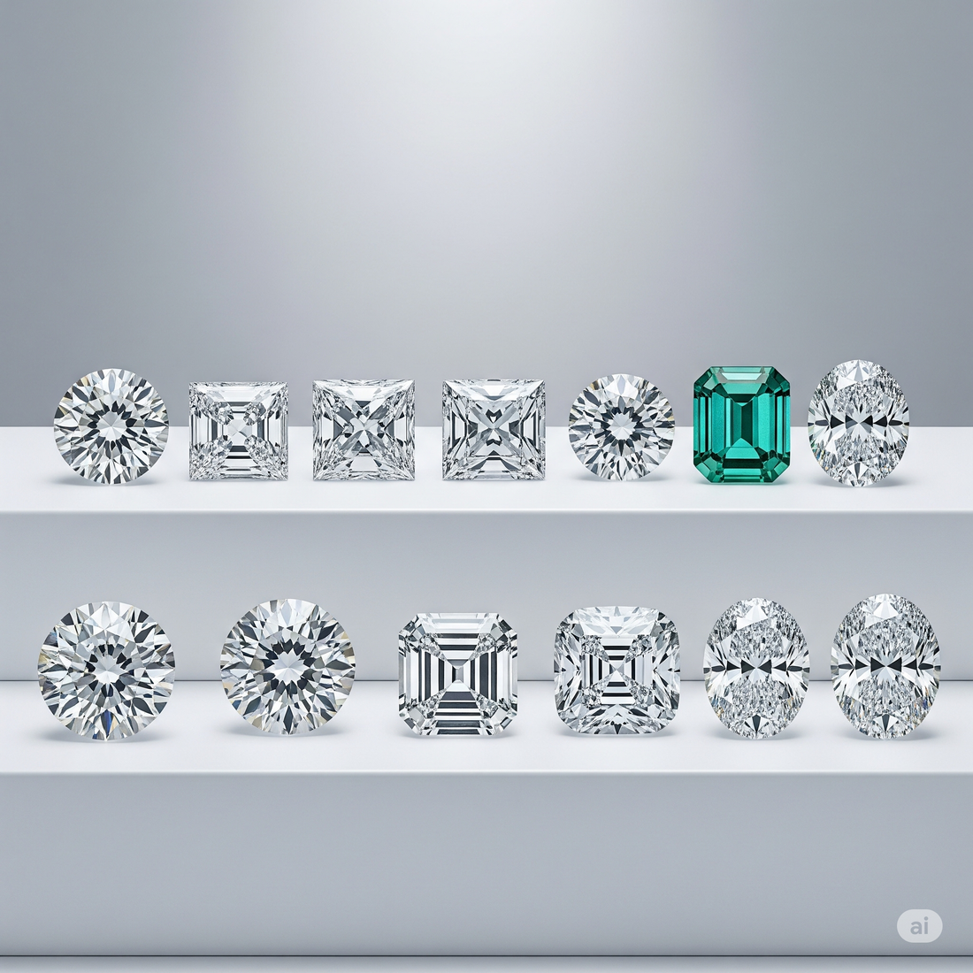 Vari tagli di diamante come brillante rotondo, principessa, smeraldo, cuscino e ovale, disposti elegantemente per mostrare le loro forme uniche e la brillantezza.