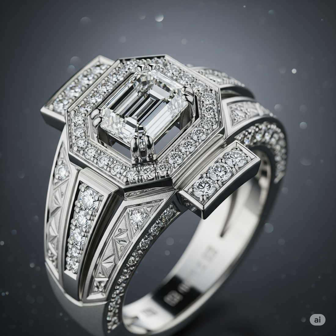 Primo piano di un anello di diamanti dal design unico e personalizzato, con un'estetica moderna ed esclusiva, che mostra dettagli intricati e le tendenze contemporanee della gioielleria.