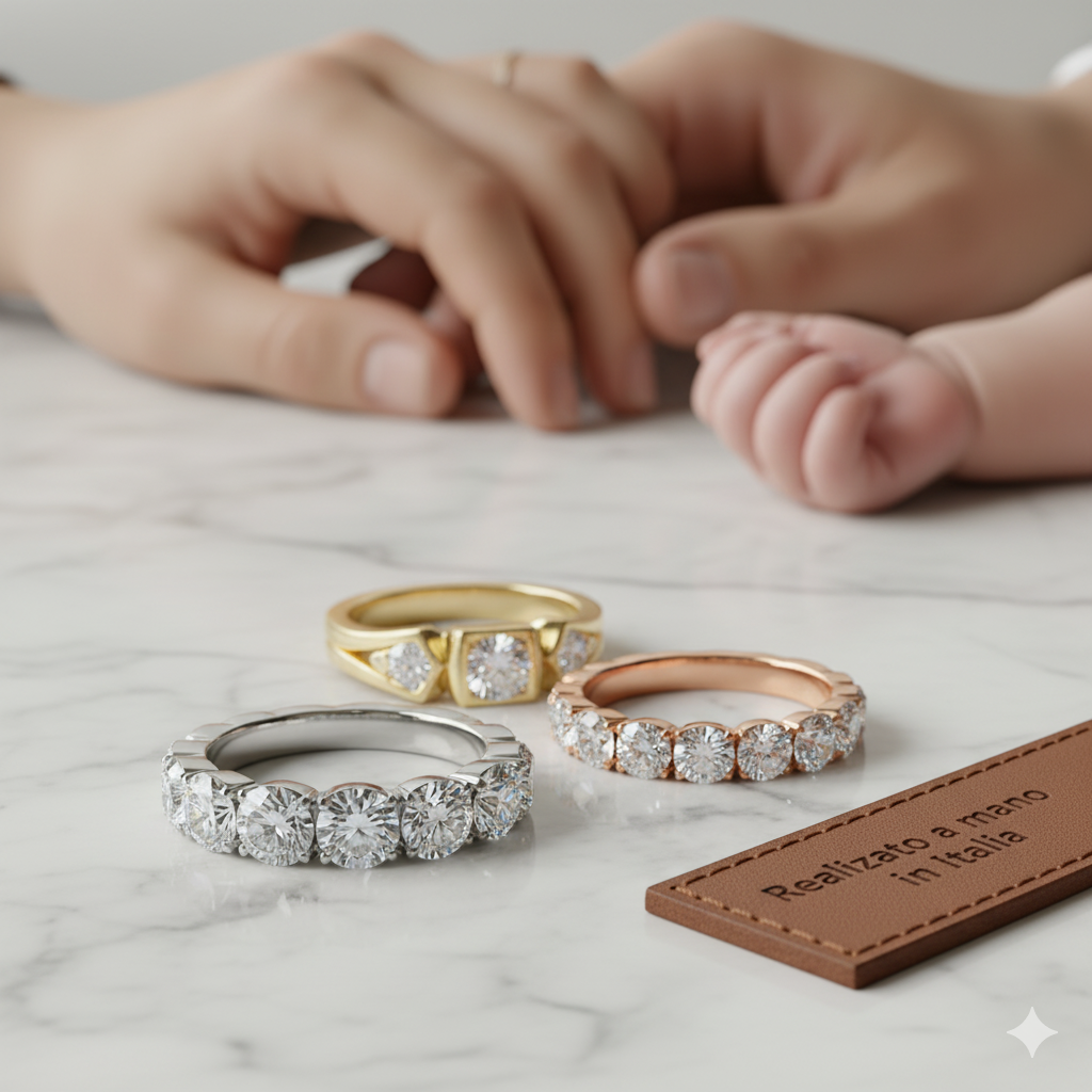 Primo piano di una veretta eternity in oro bianco con diamanti. L'anello simboleggia l'amore eterno e il significato delle verette in gioielleria.
