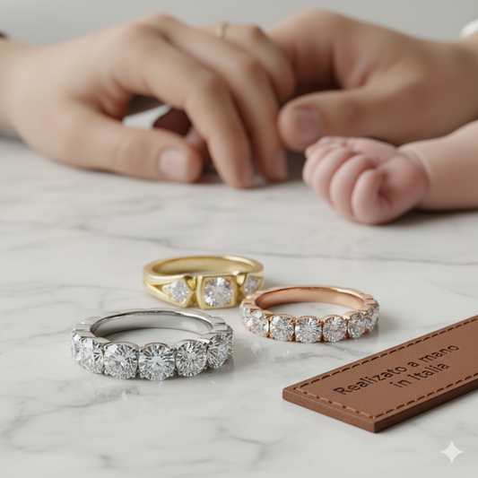 Primo piano di una veretta eternity in oro bianco con diamanti. L'anello simboleggia l'amore eterno e il significato delle verette in gioielleria.