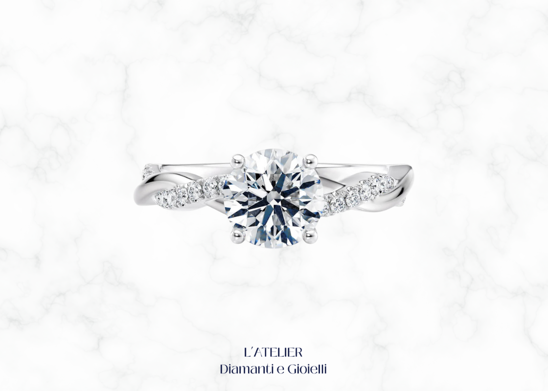 Anello Fascia Intrecciata "Amore Infinito" in Oro 18kt con Diamanti rotondi taglio brillante, design moderno ed elegante Atelier Diamanti.