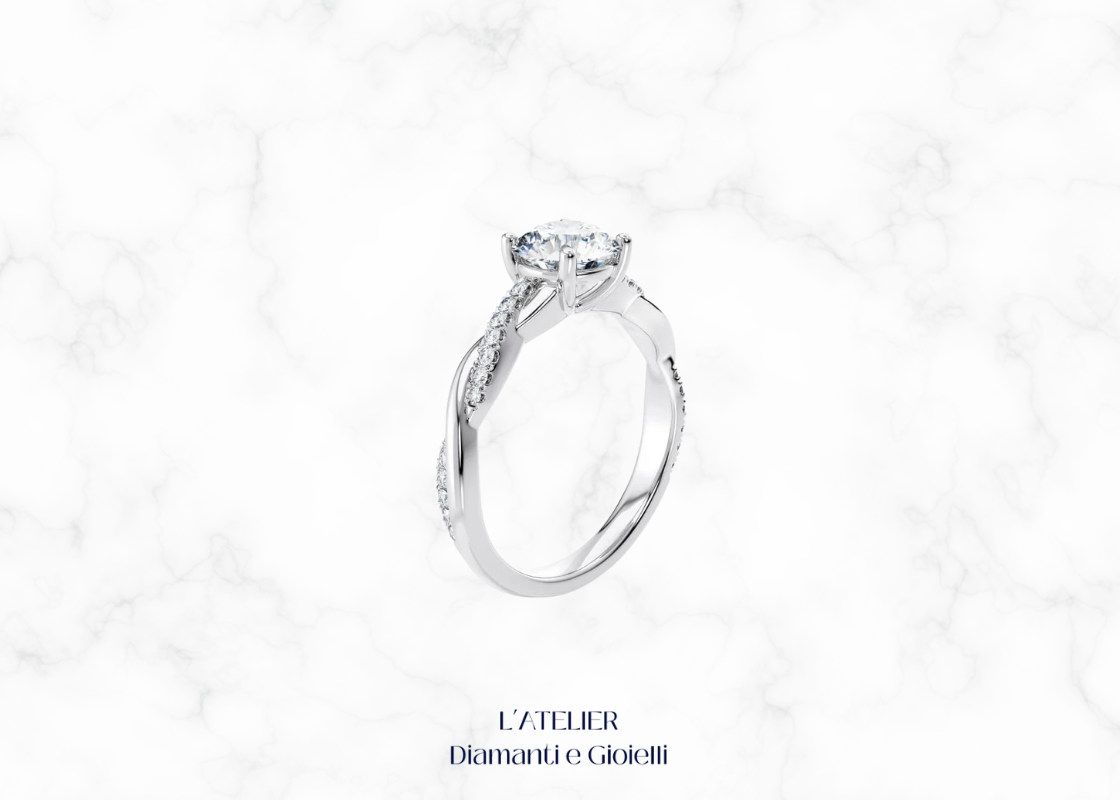Anello Fascia Intrecciata "Amore Infinito" in Oro 18kt con Diamanti rotondi taglio brillante, design moderno ed elegante Atelier Diamanti.