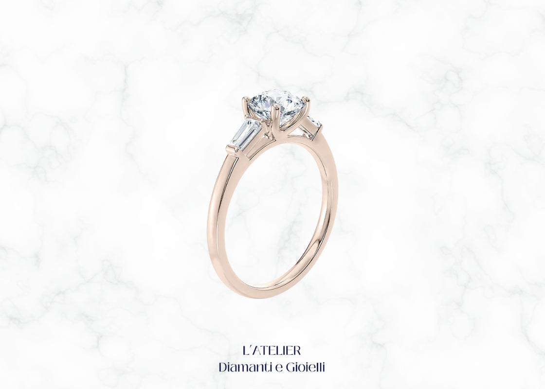 Elegante anello Art Déco in oro 18 carati con diamanti a taglio affusolato (baguette) e design geometrico. Gioiello vintage di lusso.