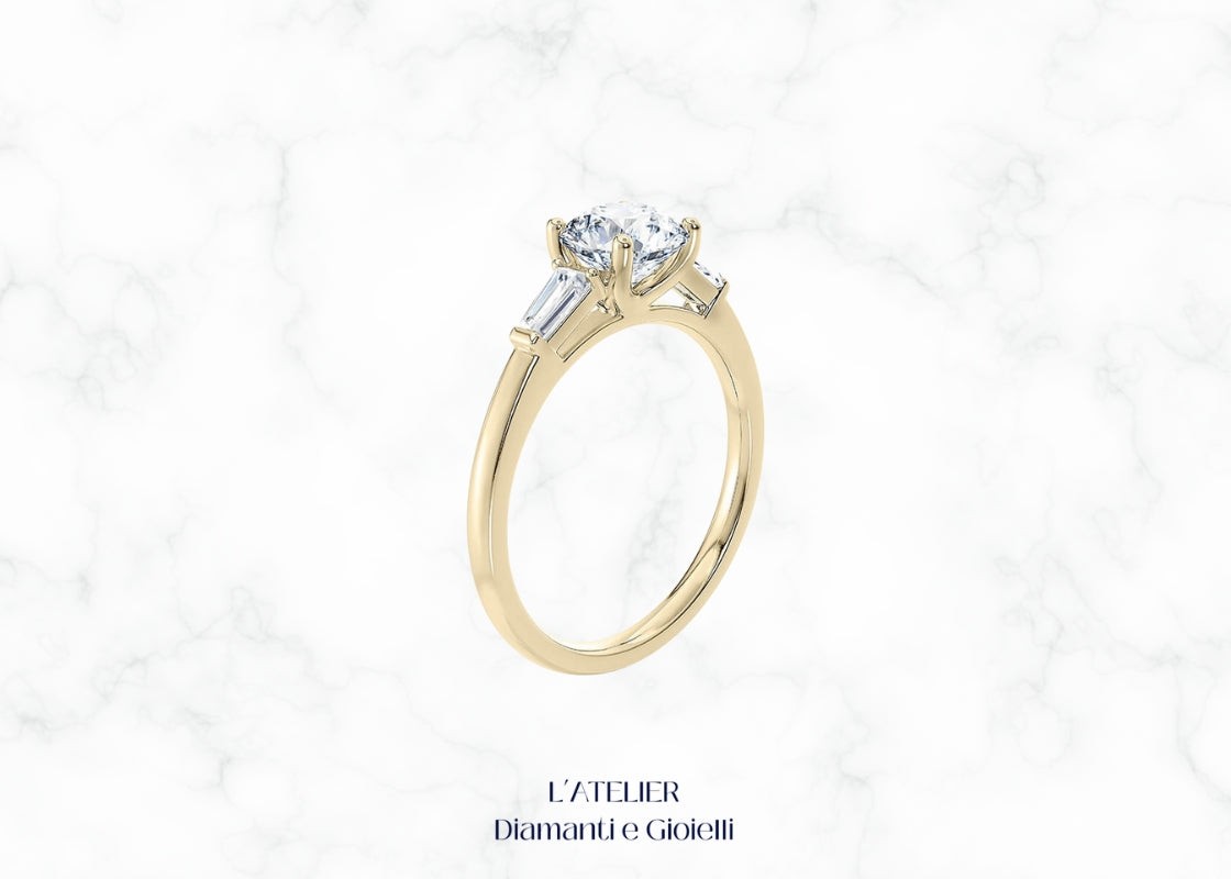 Elegante anello Art Déco in oro 18 carati con diamanti a taglio affusolato (baguette) e design geometrico. Gioiello vintage di lusso.