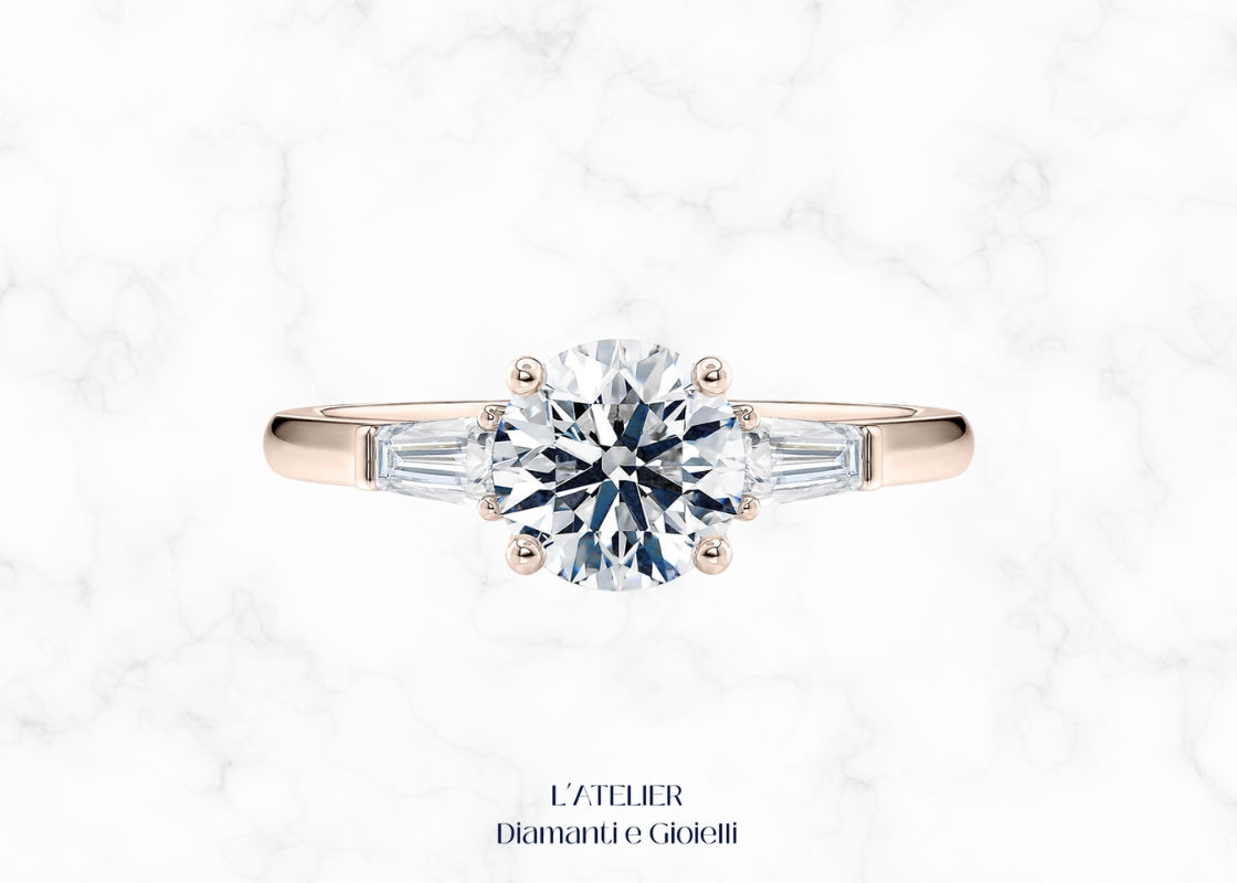 Elegante anello Art Déco in oro 18 carati con diamanti a taglio affusolato (baguette) e design geometrico. Gioiello vintage di lusso.