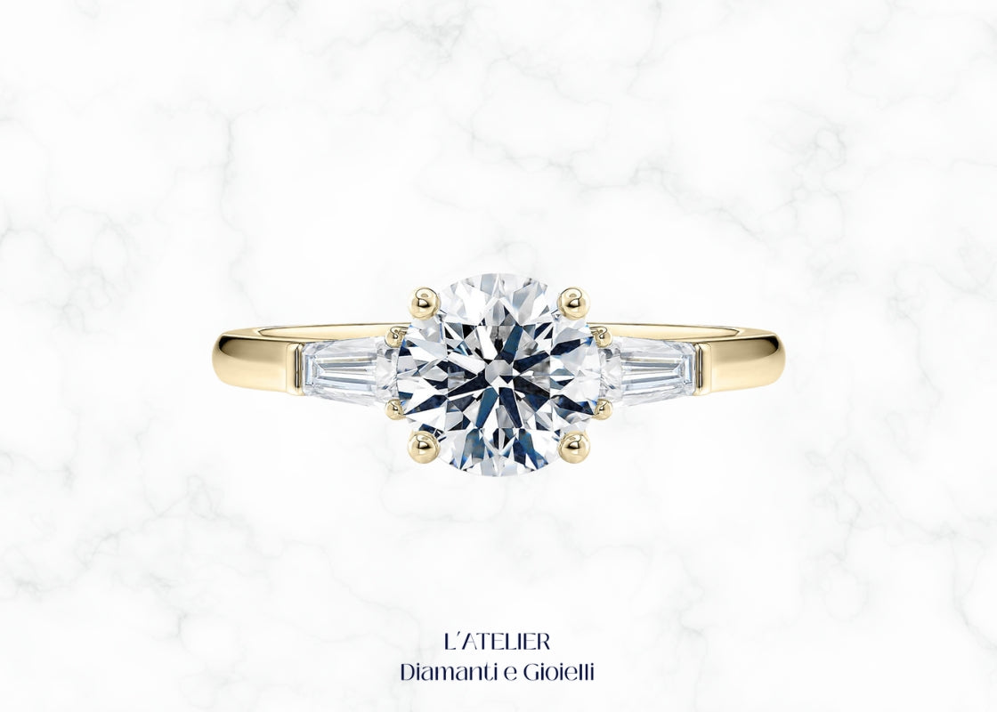 Elegante anello Art Déco in oro 18 carati con diamanti a taglio affusolato (baguette) e design geometrico. Gioiello vintage di lusso.