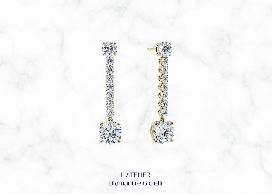 Eleganti orecchini pendenti in oro 18 carati con diamanti, che oscillano delicatamente. Gioielli di lusso e raffinatezza per ogni occasione.