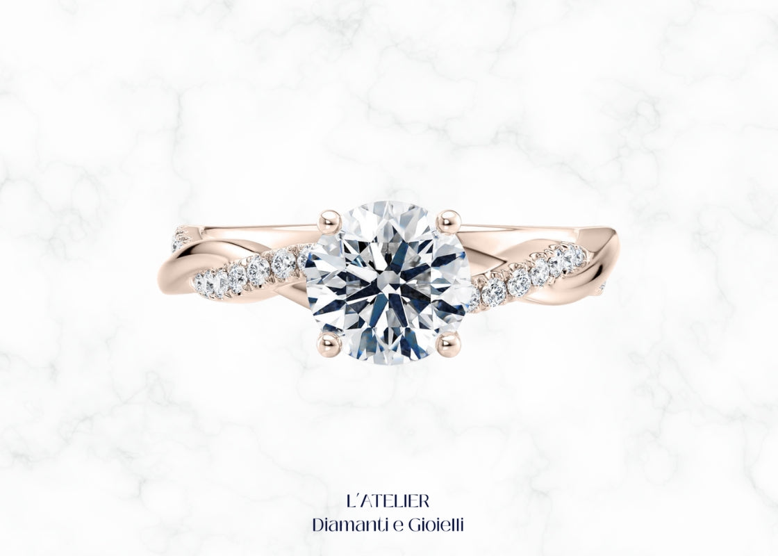 Anello Fascia Intrecciata "Amore Infinito" in Oro 18kt con Diamanti rotondi taglio brillante, design moderno ed elegante Atelier Diamanti.