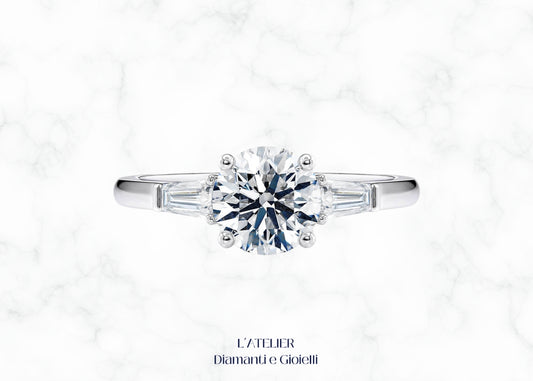 Elegante anello Art Déco in oro 18 carati con diamanti a taglio affusolato (baguette) e design geometrico. Gioiello vintage di lusso.