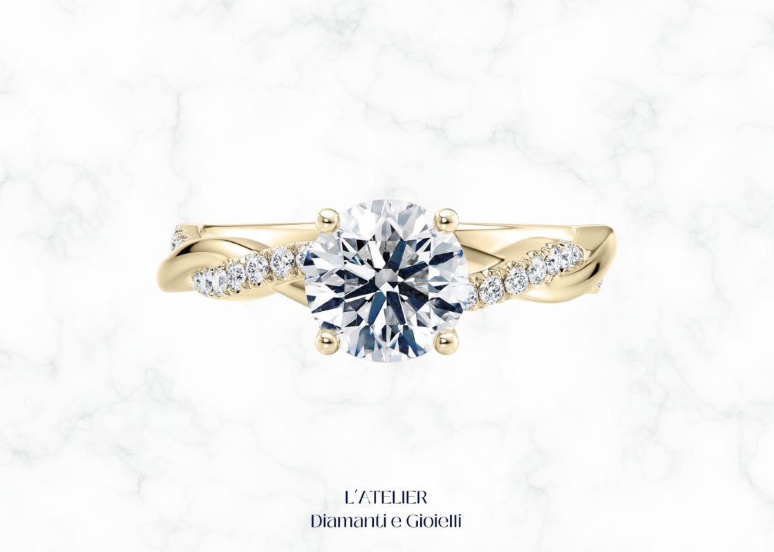 Anello Fascia Intrecciata "Amore Infinito" in Oro 18kt con Diamanti rotondi taglio brillante, design moderno ed elegante Atelier Diamanti.