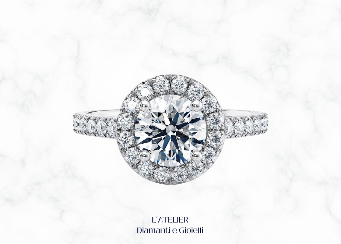 Anello Solitario Halo con Pavé sul Gambo | Gioiello di Fidanzamento in Oro 18kt