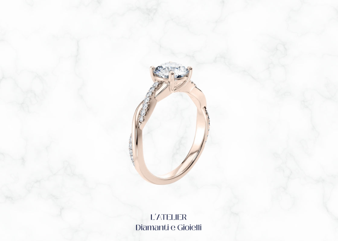 Anello Fascia Intrecciata "Amore Infinito" in Oro 18kt con Diamanti rotondi taglio brillante, design moderno ed elegante Atelier Diamanti.