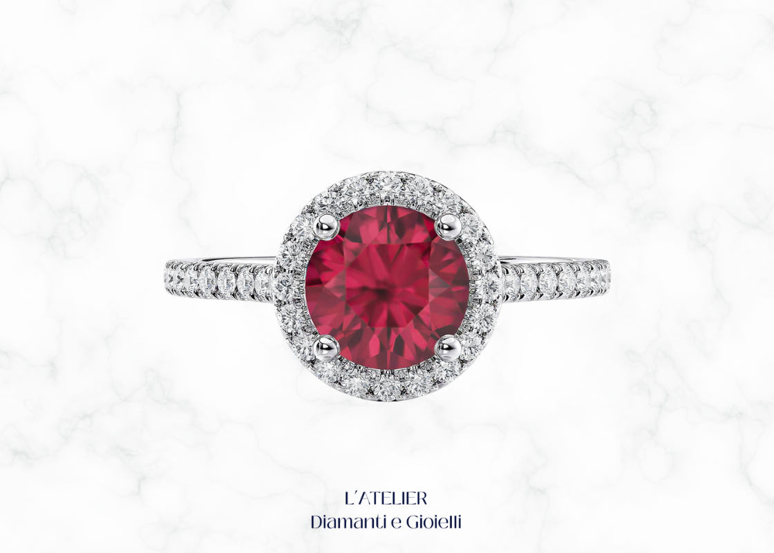 anello rubino naturale diamanti halo oro 18kt pavé Atelier Diamanti
