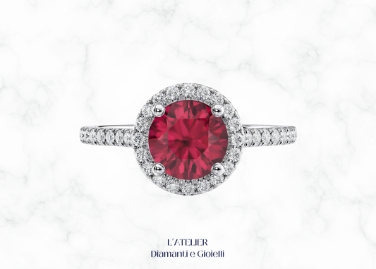 anello rubino naturale diamanti halo oro 18kt pavé Atelier Diamanti
