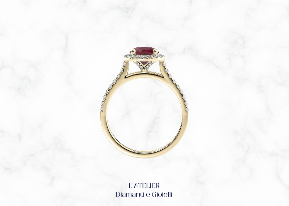 anello rubino naturale diamanti halo oro 18kt pavé Atelier Diamanti