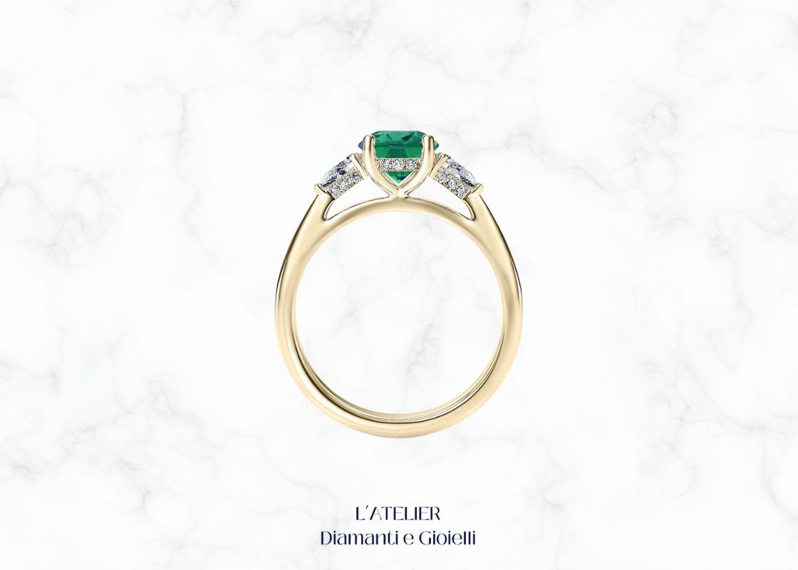 Natural Emerald and Diamond Trilogy Ring in 18kt Gold | Atelier Diamanti e Gioielli