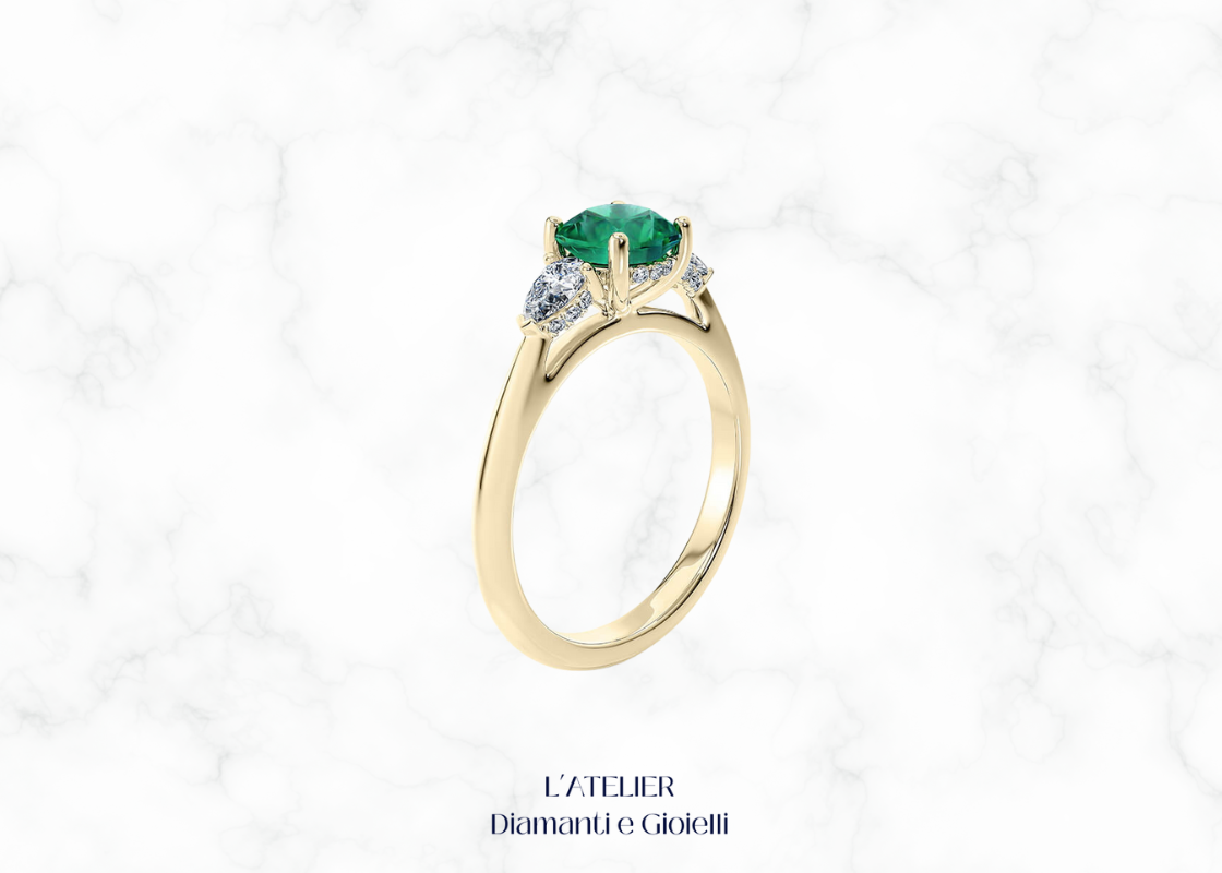 Natural Emerald and Diamond Trilogy Ring in 18kt Gold | Atelier Diamanti e Gioielli