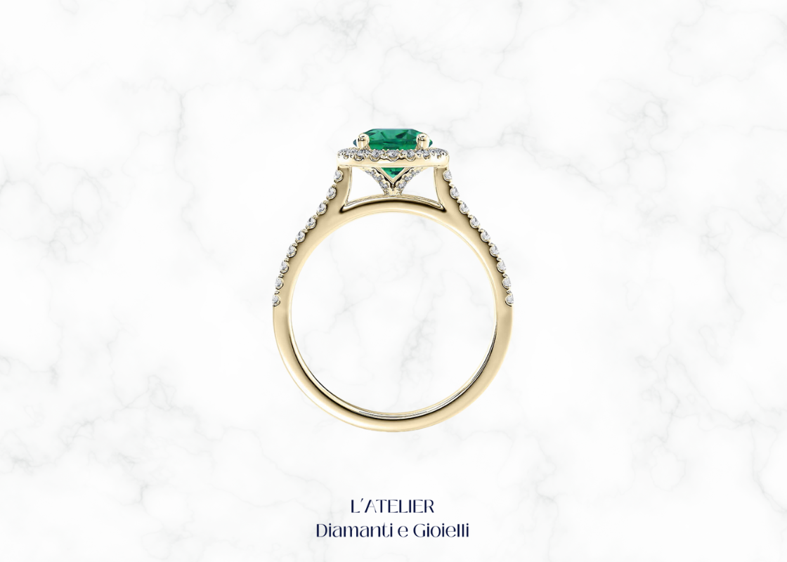 Natural Emerald and Diamond Halo Ring in 18kt Gold | Atelier Diamanti e Gioielli