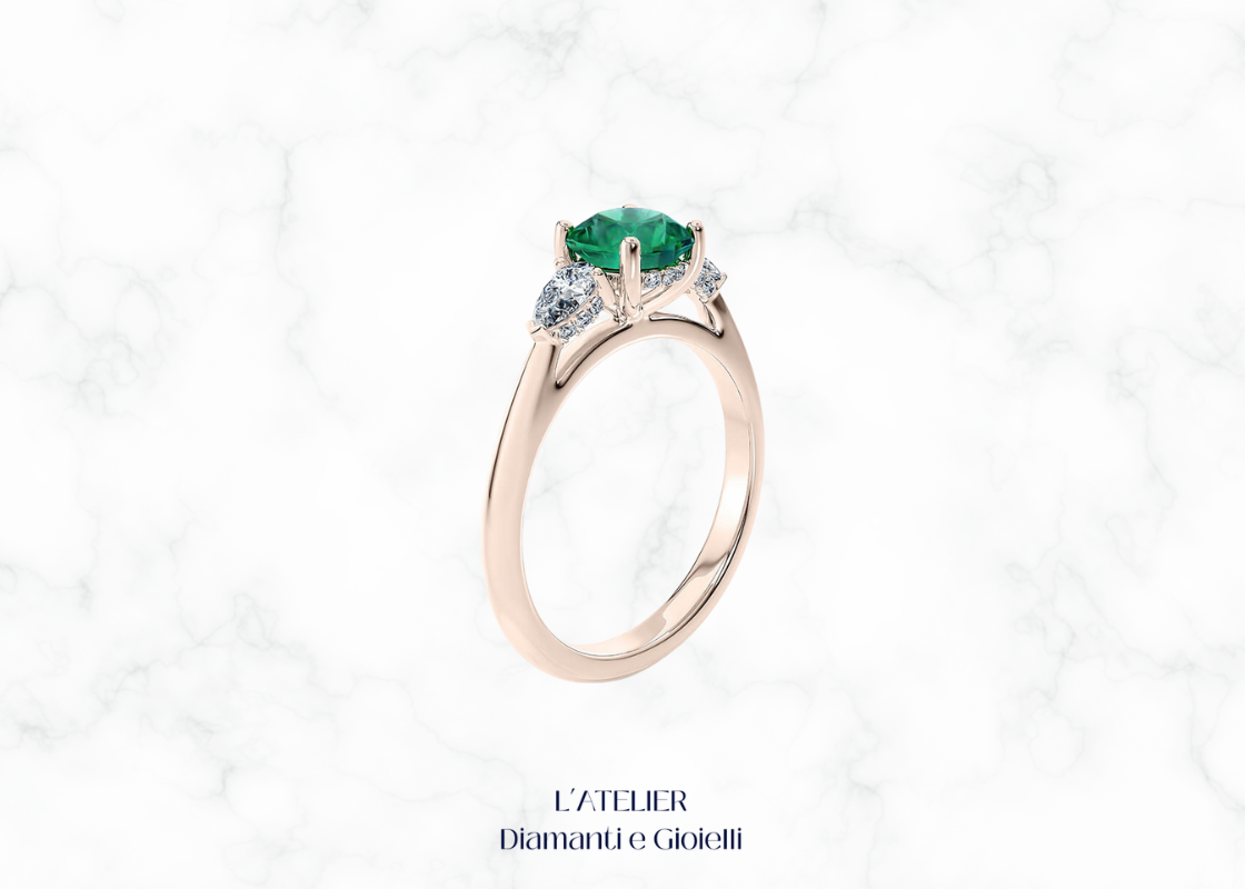 Natural Emerald and Diamond Trilogy Ring in 18kt Gold | Atelier Diamanti e Gioielli